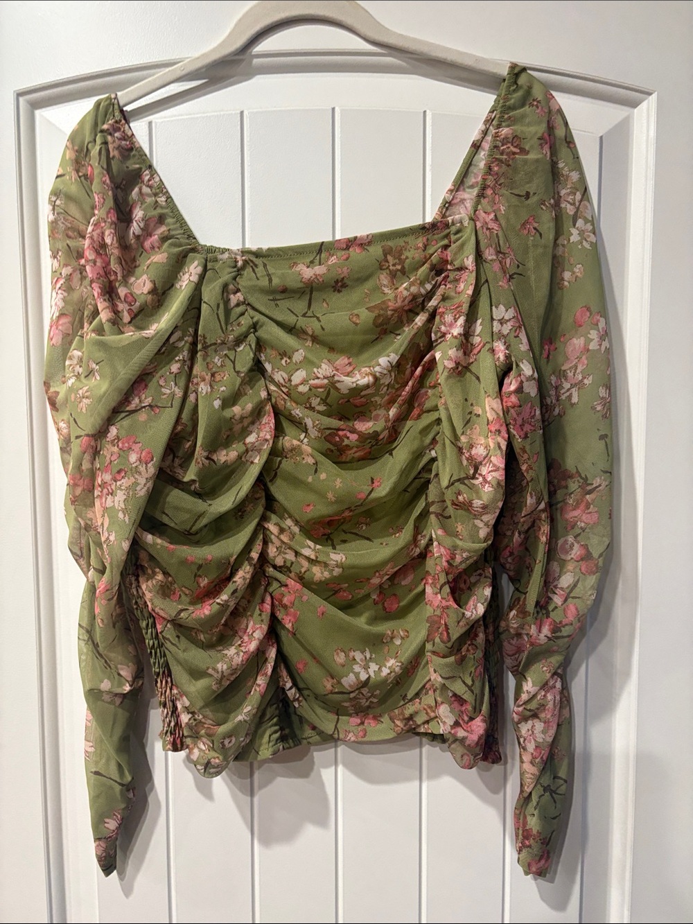 Maeve Olive Green Floral Ruched Square-Neck Blouse